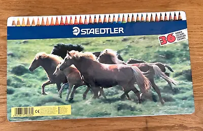 VINTAGE Staedtler 36 Colour Pencils - Tin Box With Horses - Only A Few Used. • £5