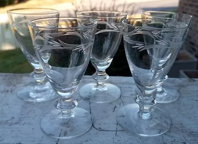 5 Vtg 3.5  Clear Glass Wine Cordial Glasses Stems Etched Band Disc Stem • $14.95