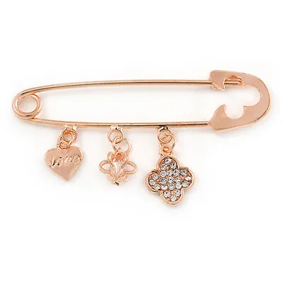 Rose Gold Tone Metal Safety Pin Brooch With Crystal Charms - 65mm L • £10.90