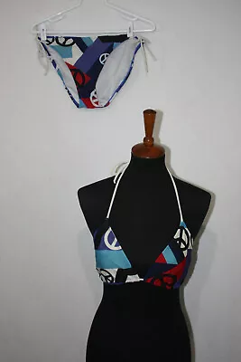 OP Ocean Pacific Red White Blue PEACE Signs String Bikini Sz L (11-13) • £12.52