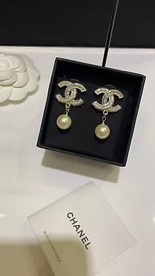 Chanel Vintage Earrings Gold Diamond Classic Double CC Pearl Pendant • $59