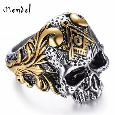 MENDEL Goth Mens Gold Plated Masonic Biker Skull Ring Stainless Steel Size 8-15 • $12.99