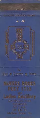 MATCHBOOK COVER - McKEES ROCKS POST 1713 - CATHOLIC WAR VETERANS - PENNSYLVANIA  • $3.99