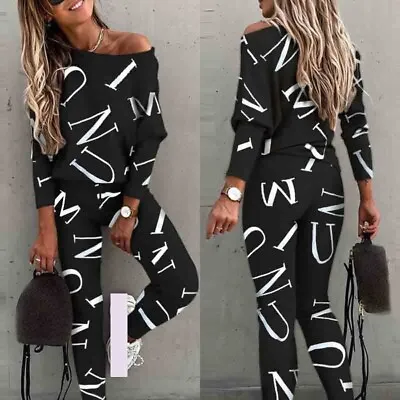 Womens Suit Sports Fashion Tracksuit Wear Summer Print Tops Letter Lounge • £15.72