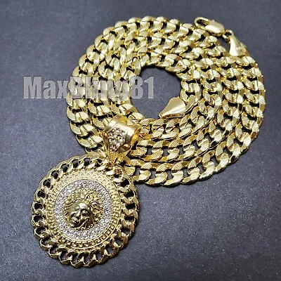 Gold Plated Cubic Zirconia Medusa 14K Stamped 20  24  Brass Cuban Chain Necklace • $17.99