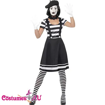 Ladies Mesmerizing Mime Costume French Artist Clown Circus Funnyside Fancy Dress • £27.96