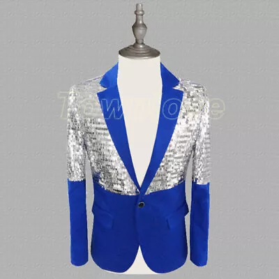 Men Sequin Notch Lapel Suit Blazer Tuxedo Jacket Coat Showman Costume Casual Top • $48.14