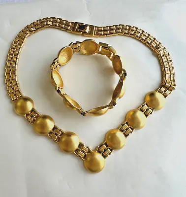 Monet Vintage Set Modernist Wide Link Necklace Bracelet Gold Tone Gilt Satin Dem • $69.99