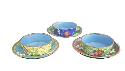 Antique Chinese Cloisonne Tea Cups Set 3 With Saucers Vintage MCM China Export • $99.95