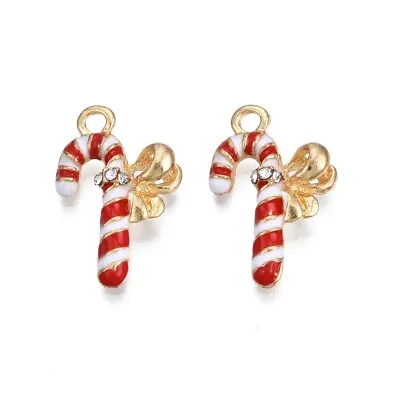 10 Christmas Candy Cane Shaped Gold Tone Pendants Enamel & Clear Rhinestones • £3.95
