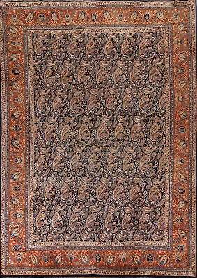 Vintage Navy Blue/ Rust Paisley Kashmar Wool Hand-knotted Living Room Rug 10x13 • $2399