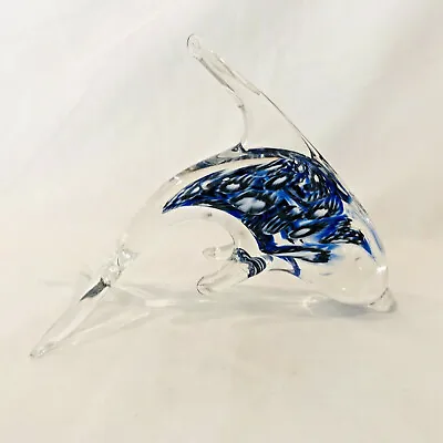 Vintage Art Glass Murano 7  Aqua Blue White Black Jumping Dolphin Fish Figurine • $34.95