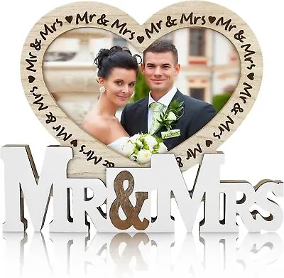 Mr & Mrs Gifts Heart Wooden Photo Frame Wedding Gift Wooden Letters Sign Party • £6.72