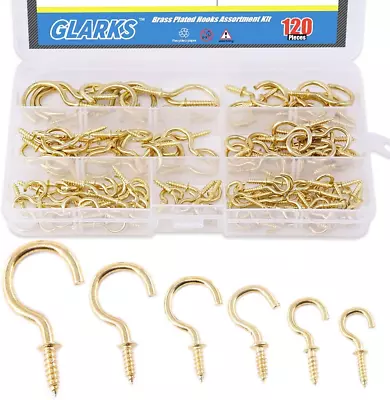 Brass Plated Screw-In Cup Hooks Lag Thread Handy Hooks Assortment 120Pcs 6 Size • $16.99