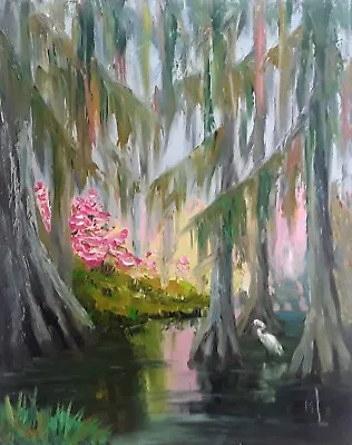 Original Oil Painting Louisiana Swamp Art Cypress Tree Artwork Heron Painting • $67