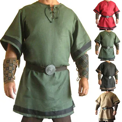 Retro Men Clothing Tunic Medieval Renaissance Cosplay Costume Pirate Viking Tops • £12.49