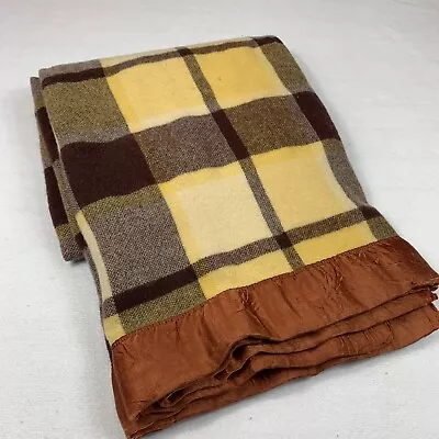 Vintage Montgomery Ward 100% Twin Wool Blanket Brown/Yellow Plaid 77x64” • $80
