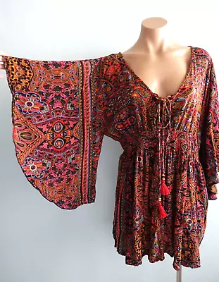 Ishka Womens Dress Size S Multicoloured Kimono Sleeve Oversized Boho Tassel Mini • $23