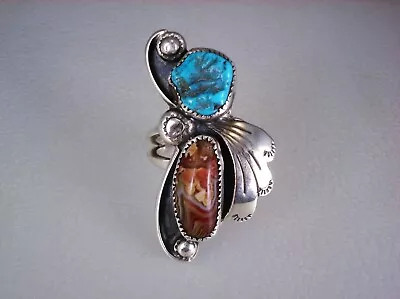 VINTAGE NAVAJO STERLING SILVER TURQUOISE & LACE AGATE RING Size 7.5 • $36