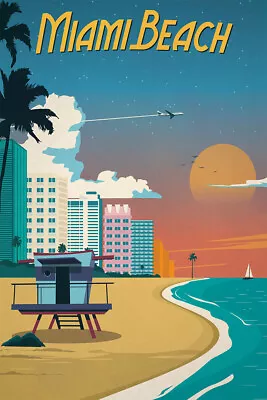 Miami Beach Florida Vintage Style Travel Holiday Wall Art Home - POSTER 20 X30  • $23.99