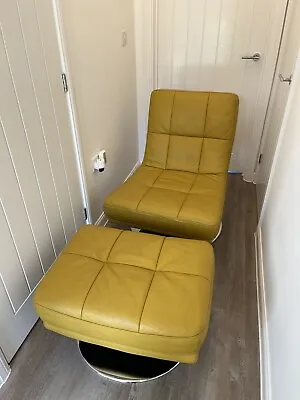 £300 • Buy Harveys Manoco Mustard Yellow Leather Swivel Chair And Foot Stool