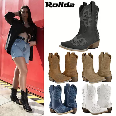 Rollda Women Fashion Butterfly Ankle Cowboy Boots Snip Toe Western Cowgirl Boots • $48.99