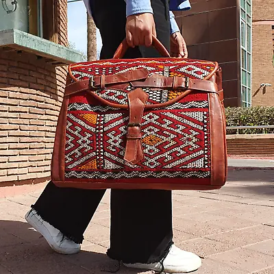 Moroccan Leather Weekender Bag For Kilim Travel Suitable For Both Genders • $159.99
