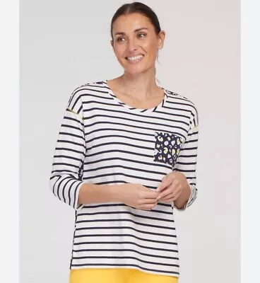 Joules Size 12 Breton Striped Top 3/4 Sleeve Boat Neck Navy White Cotton • $21.99