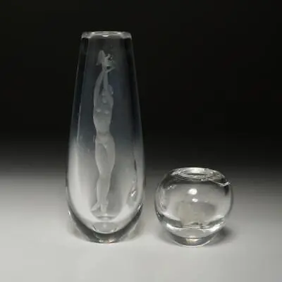 Vicke Lindstrand Etched Figural Nude Woman Dove Clear Heavy Crystal Glass Vases • $350