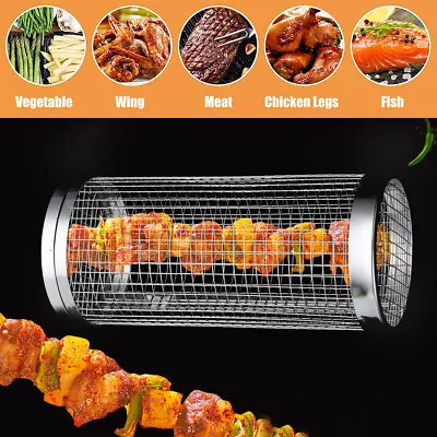 Rolling Grilling Basket BBQ Net Tube Round Stainless Steel Grill Mesh Cylinder • $17.99