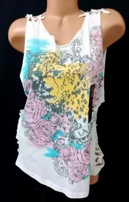 *La Ink White Cheetah Floral Print Tie Knot Shoulder Sleeveless Plus Top  0 XL • $13.99