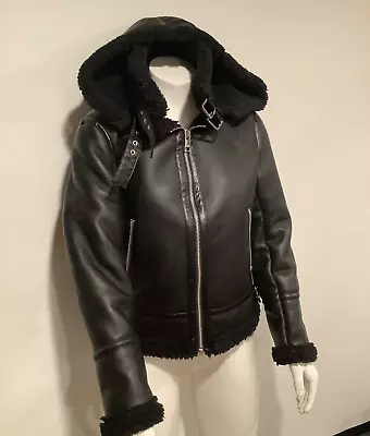NEW Michael Kors Faux Shearling Coat With Hood Size XS Black  Aviator Bomber • $65