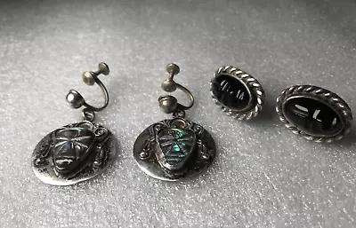 Vintage Taxco Mexico Sterling Silver 2 Pairs Aztec Mayan Screw Back Earrings • $24