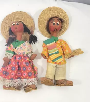 Vintage Mexican Oil Cloth Man And Woman Colorful Sombrero 10  Dolls • $24.99