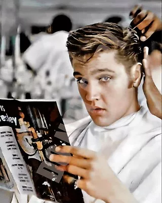 Elvis Presley Getting Hair Cut Reading A Magazine With Him On Cover 8x10 Photo • $10.99