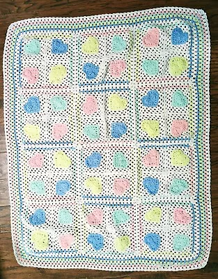 Hand Crocheted Vintage Baby Blanket White With Pastel Hearts 48 X 36 EXCELLENT  • $9