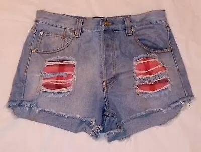 MINKPINK Distressed Short Shorts Size M Pink Plaid Patches Cutoffs Button Fly  • $12.99
