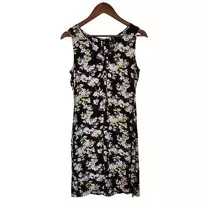 Gap Y2K Sleeveless Floral Print Midi Dress Sz S Black Purple Cinch Front Vintage • $26.99