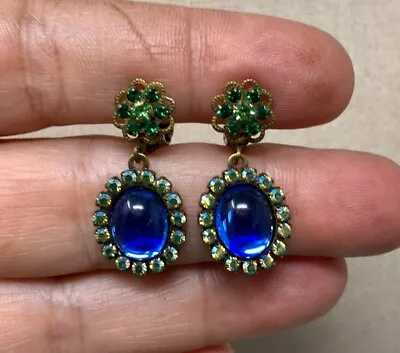 Liz Palacios Blue Green AB Crystal Antiqued Brass Clip On Dangle Drop Earrings • $24.95