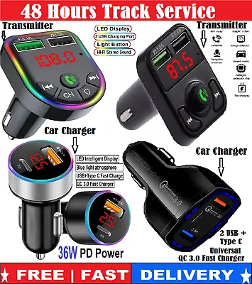 Bluetooth Wireless Car Charger & FM Transmitter MP3 Radio 2 USB + Type-C Adapter • £3.69