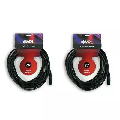 (2) VRL 5 Pin DMX 25' Ft Pro Lighting Cables 2-Pack | LED | Data | Capacitance • $39.98