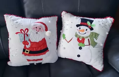 Handmade Set Of Two Vintage Santa & Snowman & Cardinal Embellished Pillows 15X14 • $28