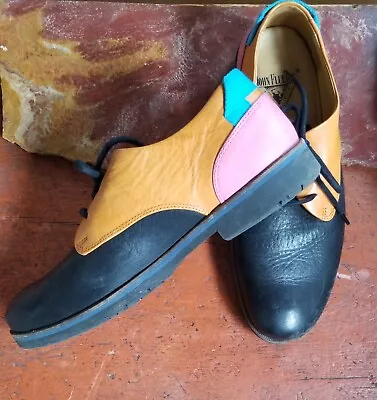 John Fluevog Radio 2 Kenn Contrast Derby Shoe Black Pink Orange Blue M 9 W 11 • $88