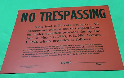 Vintage - 1943 Red NO TRESPASSING Sign! 14  X 11  Lancaster PA USA • $13.99