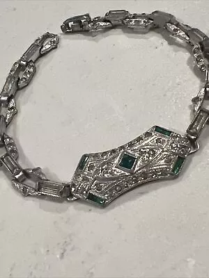 Vintage Art Deco Green & Clear Rhinestone Costume Jewelry Bracelet 7.25” • $7.50