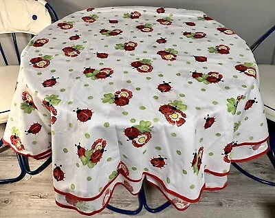 Tablecloth 86x62” Lady Bugs Light Green Red Orange Yellow Summer Floral Vtg Rare • $25