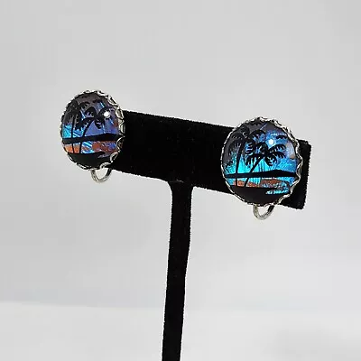 VTG Morpho Butterfly Wing Earrings Palm Tree Beach Sun Round Screw Back 3/4  • $18.70