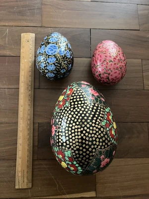 £15 • Buy Indian Persian Kashmir Papier Mache Egg Shaped Trinket Box Hand Painted   X 3
