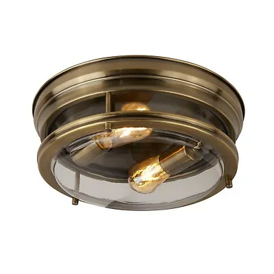 2 Light IP44 Antique Brass Flush Fitting Ceiling Light With Clear Glass Diffuser • £114.95