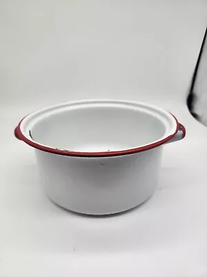 Vintage Enamelware Handled Stock Pot White With Red Trim And Lid 10-1/4” X 5.5” • $10